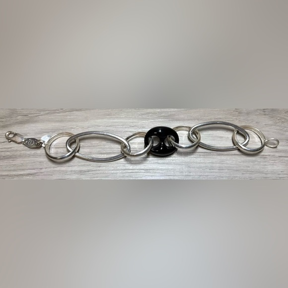 Vintage Designer Sterling Silver & Onyx Mixed Large Link Bracelet, 8.5”, 20.6g - Picture 3 of 6